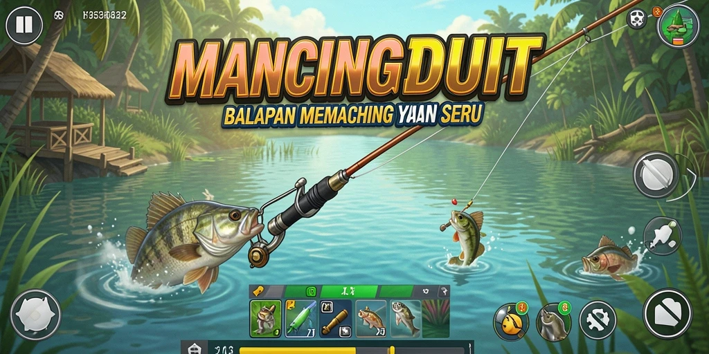 Screenshot gameplay MANCINGDUIT menampilkan aksi balapan memancing yang seru.