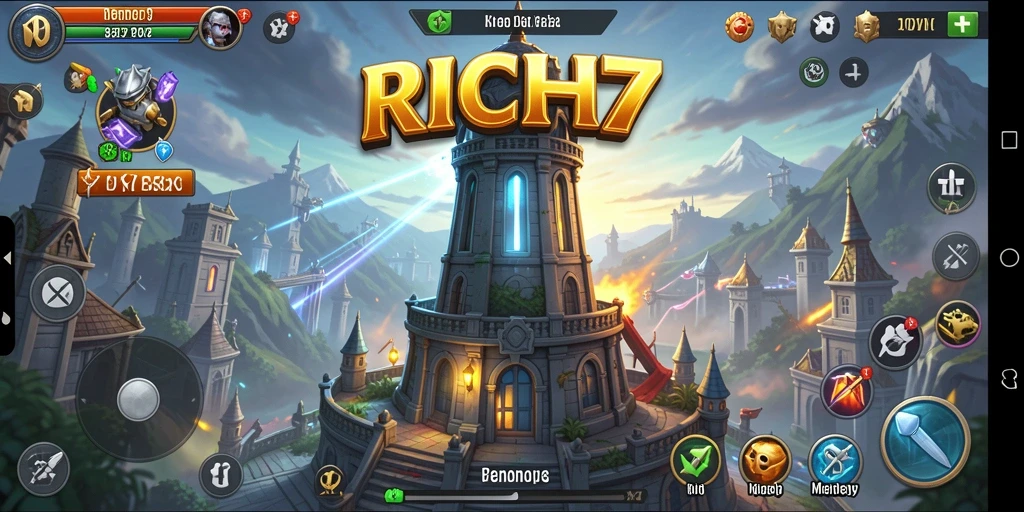 Tampilan gameplay RICH7 menampilkan pertempuran Tower Defense yang seru.